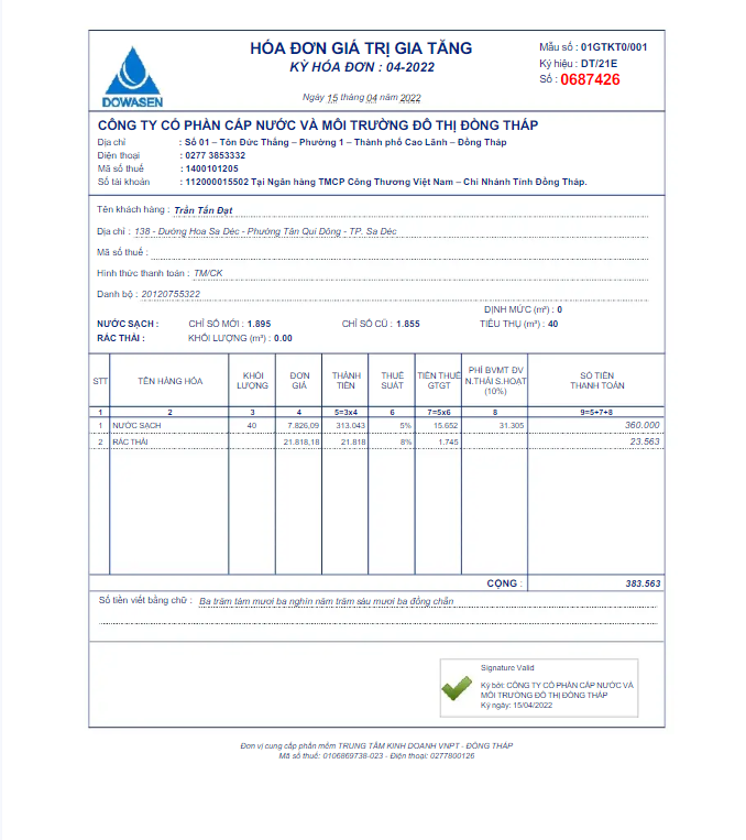 VIETNAM DOWASEN utility bill Word and PDF template